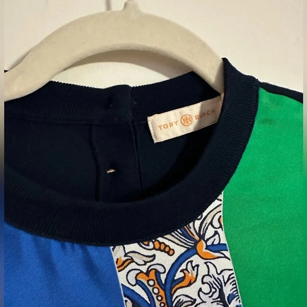Tory Burch Silk print front patch navy light sweater